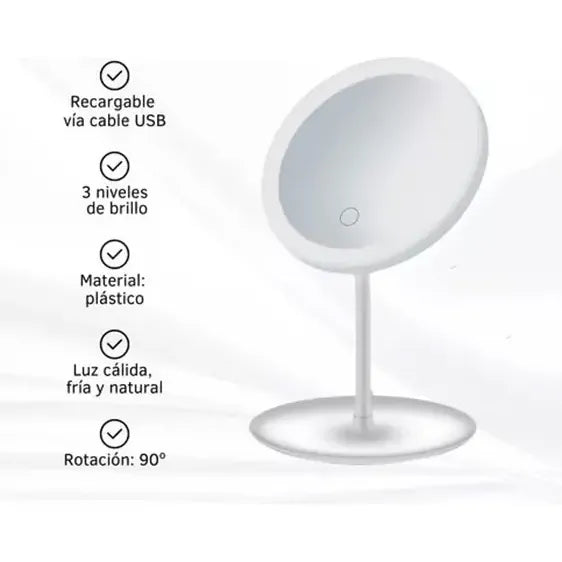 Espejo De Maquillaje Con Luz Led Táctil 3 Tonos De Luz Blanco